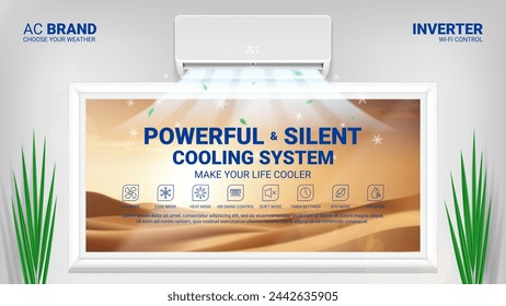 Promo banner of air conditioner. Realistic vector illustration with air conditioner in room with window and hot desert outside. Modern split system climate control for home. Product mockup concept.