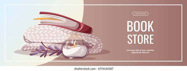 Promo Banner With Book, Blanket And Candle. Bookstore, Bookshop, Book Lover, Bibliophile, Cozy Home Concept. Vector Illustration For Poster, Banner, Flyer, Advertising.