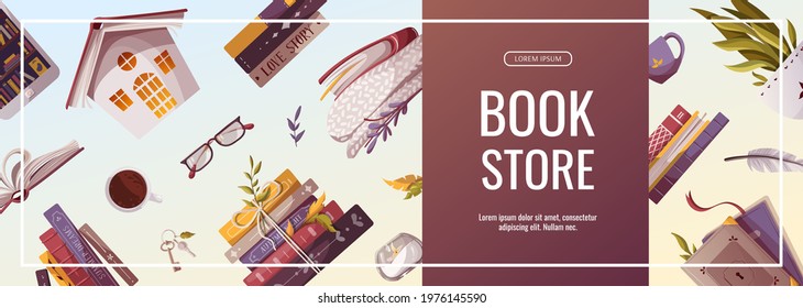 Promo banner for bookstore, bookshop, library, book lover, e-book, education. Vector illustration for poster, banner, advertising, flyer.