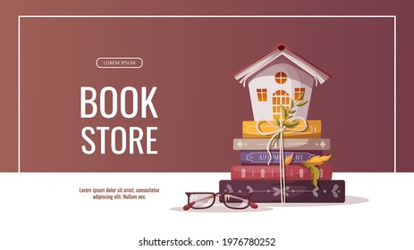 Promo banner for bookstore, bookshop, library, book lover, education. Vector illustration for poster, banner, advertising, flyer.