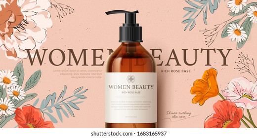 Promo banner for botanical cleansing product mock-up, decorated with romantic hand-drawn flowers on peach pink background, 3d illustration