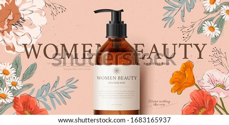 Promo banner for botanical cleansing product mock-up, decorated with romantic hand-drawn flowers on peach pink background, 3d illustration