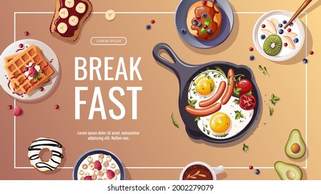 Promo banner for breakfast menu, healthy eating, nutrition, cooking, fresh food, dessert, diet, pastry, cuisine. Vector illustration for banner, flyer, cover, advertising, menu, poster.