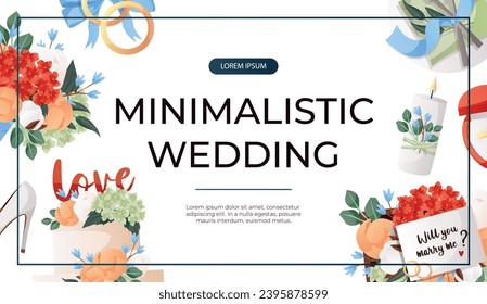 Promo banner with cake with flowers, bride groom engagement ring, proposing card. Wedding day accessories, decorations. Celebrate marriage, save the date ceremony for poster, cover, advertising