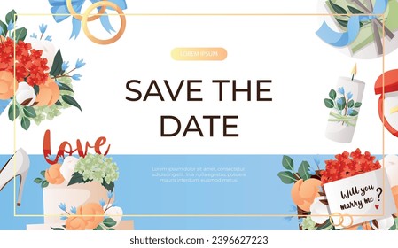 Promo banner with cake with flowers, bride groom engagement ring, proposing card. Wedding day accessories, decorations. Celebrate marriage, save the date ceremony for poster, cover, advertising