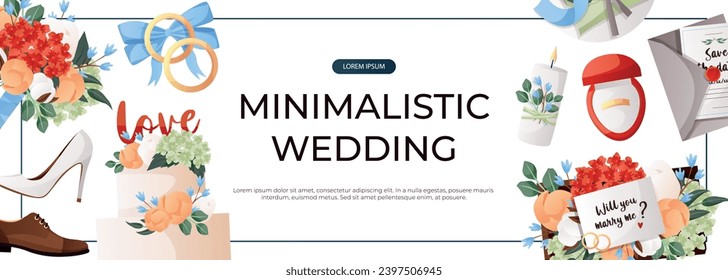 Promo banner with cake with flowers, bride groom engagement ring, proposing card. Wedding day accessories, decorations. Celebrate marriage, save the date ceremony for poster, cover, advertising