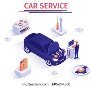 Promo Banner for Car Inspection Service. Scheduled Operation Auto Maintenance. Master Performs Computer Engine Diagnostics, Checks Piston Group, Tests Battery Charge. Vector Isometric 3d Illustration