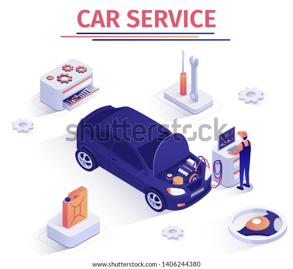 Promo Banner for Car Inspection Service.\
Scheduled Operation Auto Maintenance. Master Performs Computer\
Engine Diagnostics, Checks Piston Group, Tests Battery Charge.\
Vector Isometric 3d\
Illustration