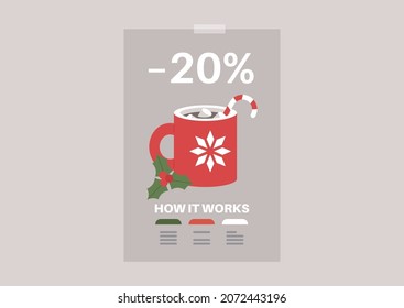 A promo banner, Christmas offer, a mug of hot chocolate with marshmallows, and a candy cane