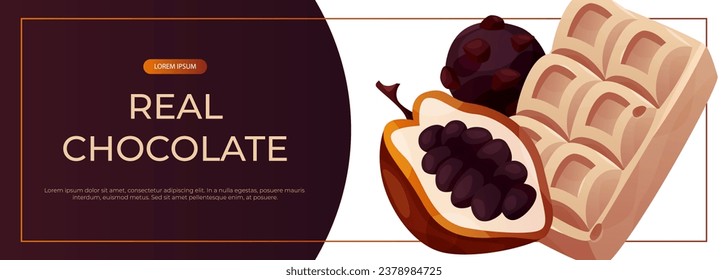 Promo banner with cocoa bean, dark, white chocolate bar pieces, candy. Chunks and blocks of brown chocolate. Milk sweet dessert, cooking ingredient for confectionery shop. A4 vector for poster