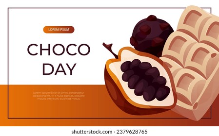 Promo banner with cocoa bean, dark, white chocolate bar pieces, candy. Chunks and blocks of brown chocolate. Milk sweet dessert, cooking ingredient for confectionery shop. A4 vector for poster