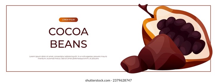 Promo banner with cocoa bean, pile of ground cacao powder. Chunks and blocks of brown chocolate. Milk sweet dessert, cooking ingredient for confectionery shop. A4 vector for poster, advertising, cover