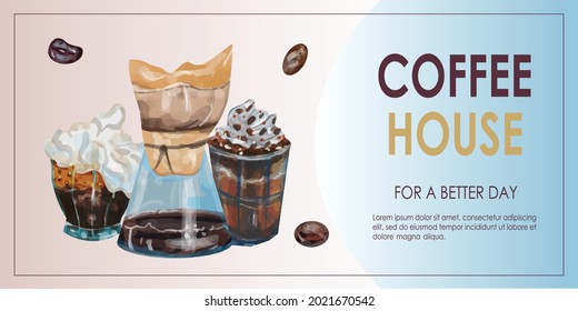 Promo banner for coffee shop, coffee house, cafe-bar, barista, drink. Vector illustration for poster, banner, flyer, advertising, commercial, promo, menu.