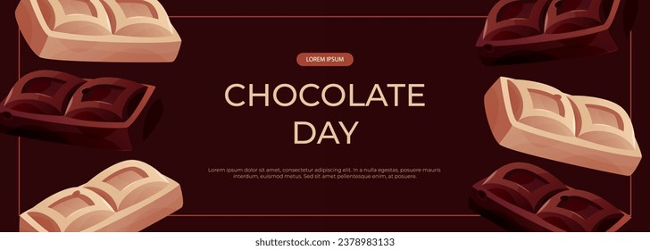 Promo banner with dark, white chocolate bar pieces, candy. Chunks and blocks of brown chocolate. Milk sweet dessert, cooking ingredient for confectionery shop. A4 vector for poster, advertising, cover