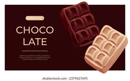 Cartel promocional con trozos de barra de chocolate blanco y oscuro. Trozos y bloques de chocolate. Postre de leche dulce, ingrediente de cocina para la pastelería. Vector A4 para afiches, publicidad, portada