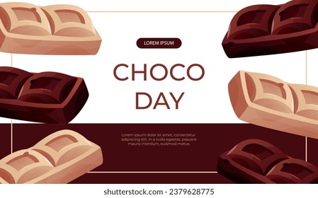 Promo banner with dark, white chocolate bar pieces. Chunks and blocks of brown chocolate. Milk sweet dessert, cooking ingredient for confectionery shop. A4 vector for poster, advertising, cover