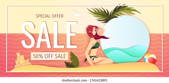 Promo banner design for summer sale. Woman sitting on the seashore sand, tropical leaves, beachball. Vector illustration with special discount offer.