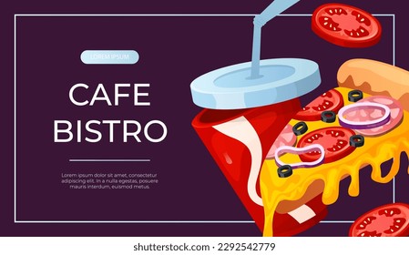 Promo banner with fast food flying pizza, soda cola cup. Street takeaway cafe, cooking, junk food. King size, classic american traditional cartoon snacks meals. Vector for cover, poster, flyer, menu