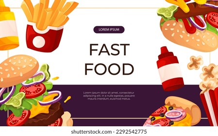 Promo banner with fast food hot dog, pizza, soda, fries, burger. Street takeaway cafe,cooking, junk food. King size, classic american traditional cartoon snacks meals. Vector for cover, poster, flyer