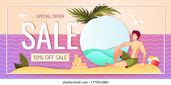 Promo banner or flyer for summer sale with man sitting on the beach, sandcastle, ball, palm leaves. Vector Illustration for special discount offer, advertising, commercial. 