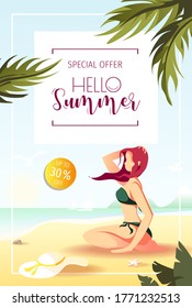 Promo banner or flyer for summer sale with woman sitting on the beach. A4 Vector Illustration for special discount offer, advertising, commercial. 