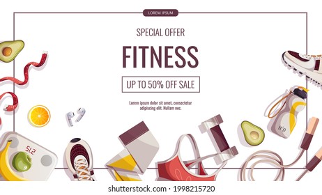 Promo banner para entrenamiento de fitness, ropa deportiva, entrenamiento, gimnasia, estilo de vida saludable, equipamiento deportivo. Ilustración vectorial para afiches, banner, volante, oferta especial, publicidad.