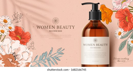 Promo banner for fragrant cleansing product mock-up, decorated with beautiful hand-drawn flowers and palm leaf shadow on peach pink background, 3d illustration