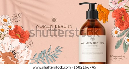 Promo banner for fragrant cleansing product mock-up, decorated with beautiful hand-drawn flowers and palm leaf shadow on peach pink background, 3d illustration