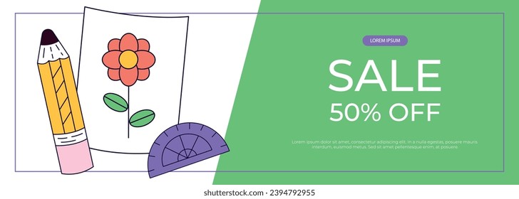 Promo banner with funky retro groovy pencil, ruler, painted picture. Back to school. Children's stationery, funny study school supplies. Nostalgia 60s, 70s, 80s. Vector for poster, advertising, cover