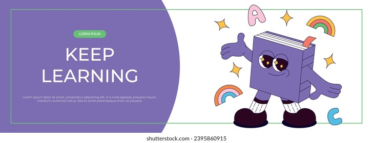 Promo banner with funky retro groovy book character with bookmark. Back to school. Children's stationery, funny study school supplies. Nostalgia 60s, 70s, 80s. Vector for poster, cover, advertising