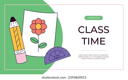 Promo banner with funky retro groovy pencil, ruler, painted picture. Back to school. Children's stationery, funny study school supplies. Nostalgia 60s, 70s, 80s. Vector for poster, advertising, cover
