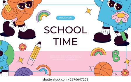 Promo banner with funky retro groovy basketball ball, book, earth planet. Back to school. Children's stationery, funny study school supplies. Nostalgia 60s, 70s, 80s. Vector for poster, cover