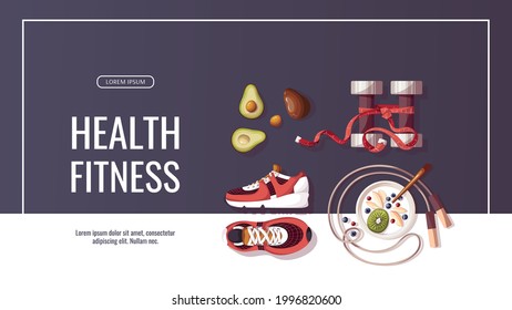 Banner de promoción para un estilo de vida saludable, comida natural, motivación, equipamiento deportivo, fitness, entrenamiento, ropa deportiva, entrenamiento. Ilustración vectorial para afiches, banner, oferta especial, volante, publicidad.