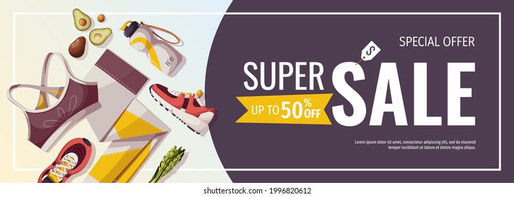 Promo banner for Healthy lifestyle, natural food, motivation, fitness, sports shop, workout. Vector illustration for poster, banner, flyer, sale, special offer, advertising.