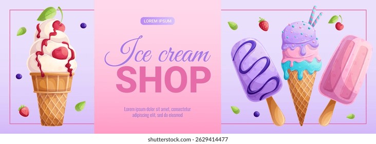 Promo banner for an ice cream shop. Different types of ice cream. Vector illustration for posters, banners, advertisements, flyers