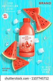 Promo banner with iced watermelon juice. Vector illustration with realistic bottle, watermelon slices and ice on wooden background.