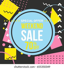 Promo banner in memphis style. Special offer sale red tag isolated vector trendy flat style. Discount offer price label, symbol for advertising campaign in retail, sale promo marketing.