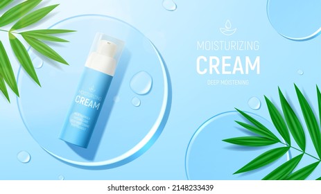 Promo banner with moisturizing face cream. Vector illustration with 3d bottle of moisturizing cream, water drops, leaves and glass circles. Mockup of cosmetic product ad. Flatlay background.