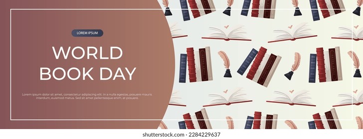 Promo banner with open huge book with heart, reading stack of books, inkwell. World book day. Bookstore, bookshop, library, book lover, bibliophile, education. Vector for poster, cover, advertising