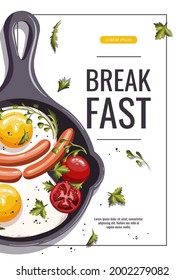 Promo banner with Pan with scrambled eggs, sausages, tomatos. Healthy eating, nutrition, diet, cooking, breakfast menu, fresh food concept. A4 vector illustration for banner, flyer, poster, menu.