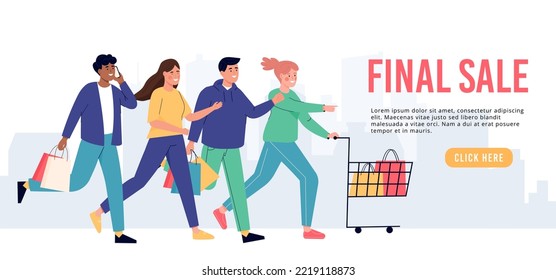 Promo banner with people run for shopping. Background with happy buyers with shopping bags and a trolley. Final sale landing page for shops, seasonal vector layout