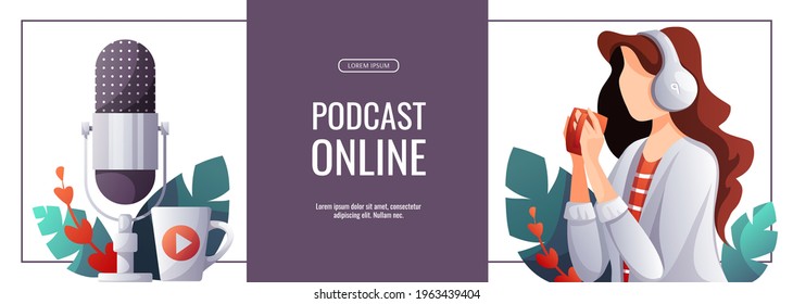 Promo Banner For Podcast, Streaming, Online Show, Blogging, Radio Broadcasting. Microphone And Woman With Headphones. Vector Illustration For Poster, Banner, Advertising.