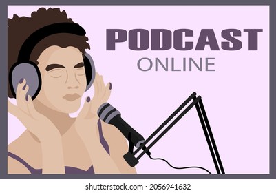 Promo banner for Podcast, Streaming, Online show, blogging, radio broadcasting. Microphone and woman with headphones. Vector illustration for poster, banner, advertising.