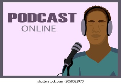 Promo banner for Podcast, Streaming, Online show, blogging, radio broadcasting. Microphone and man with headphones. Vector illustration for poster, banner, advertising.
