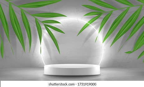 Promo banner with podium and neon circle. 3d pedestal with white neon circle. Abstract background for promotion goods. Vector illustration with blank space and tropical palm leaves. Mockup template.