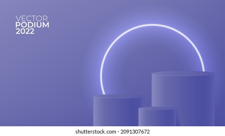 Promo banner with podium and neon circle. 3d pedestal with white neon circle. Abstract background for promotion products or goods. Vector illustration in trendy color of year. Mockup template.