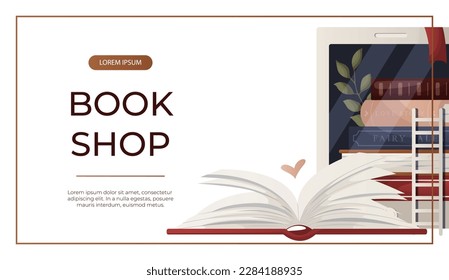 Promo banner with reading open huge book with heart, electronic ebook reader. Tablet digital literature. Bookstore, bookshop, library, book lover, bibliophile, education. Vector for poster, cover