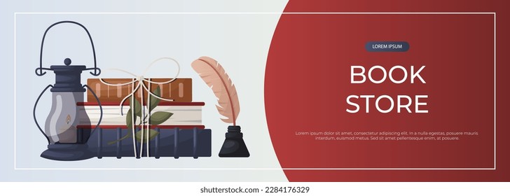 Promo banner with with reading stack of books, lantern with candle,plant. School books pile.. World book day. Bookstore, bookshop, library, book lover, bibliophile, education. Vector for poster, cover