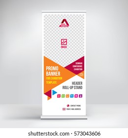 Promo banner roll-up design, business concept for promo products. Graphic template roll-up for exhibitions, banner for seminar, layout for placement of photos. Universal stand for conference, vector.