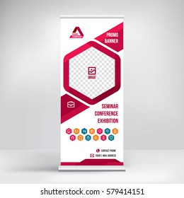 Promo banner roll-up design, business concept for promo products. Graphic template roll-up for exhibitions, banner for seminar, layout for placement of photos. Universal stand for conference, vector.